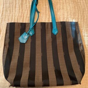 FENDI Pequin Turquoise Tote Authentic